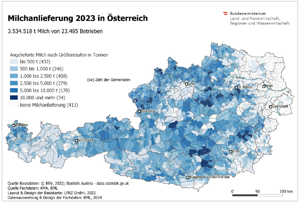 Milchanlieferung 2023 in Österreich